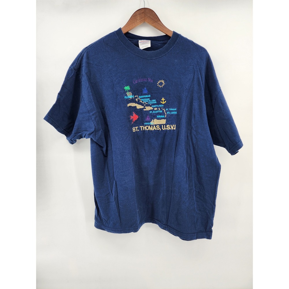 Hanes Heavyweight St Thomas USVI Caribbean Sea Navy Blue Graphic T-Shirt XL - Picture 2 of 9
